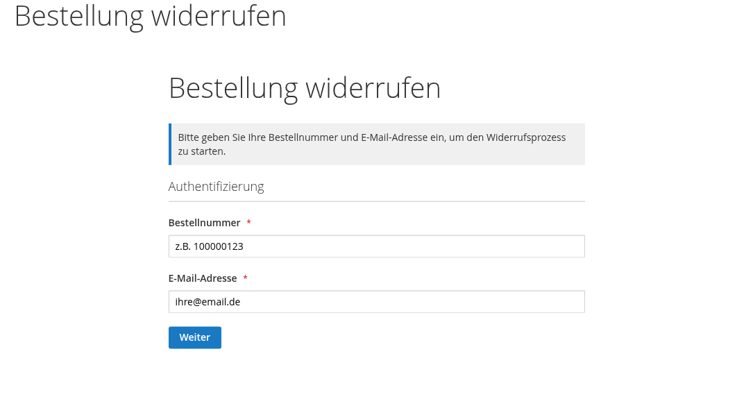 Abb. 4 – Gäste starten unter /widerruf/index/auth mit Bestellnummer und E-Mail