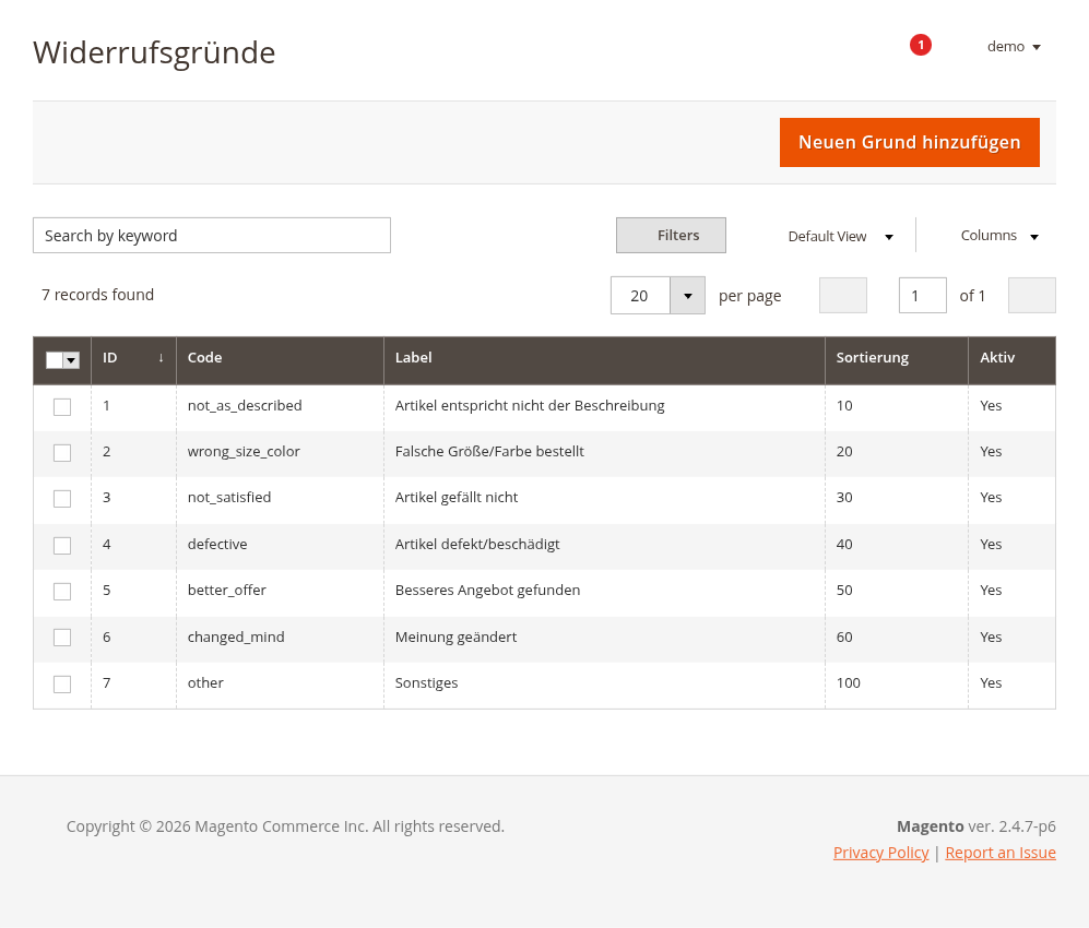 Abb. 2 – Widerrufsgründe mit Code, Anzeigetext und Sortierung