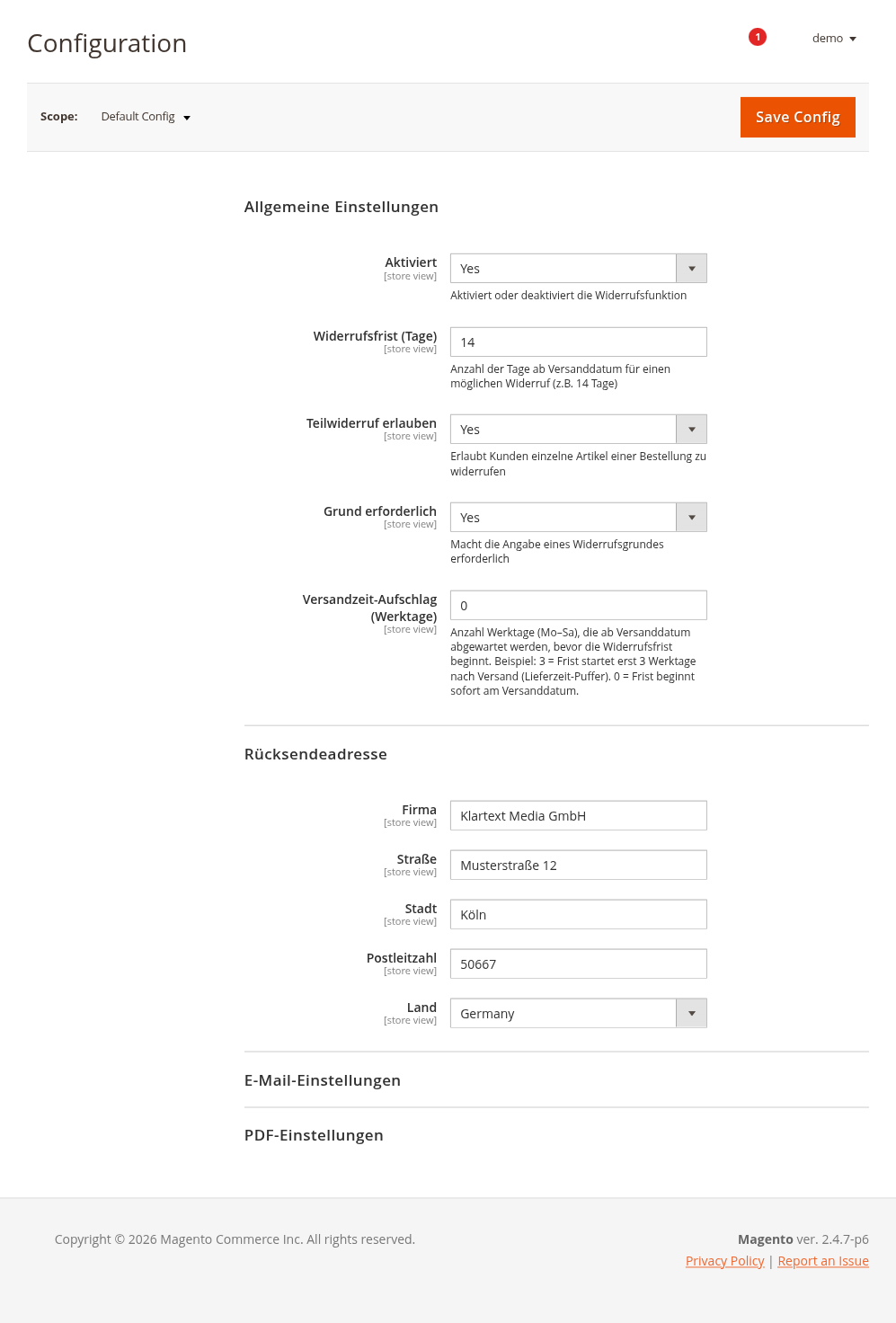 Abb. 1 – Stores → Configuration → Klartextmedia → Widerruf: Frist, Teilwiderruf und Rücksendeadresse